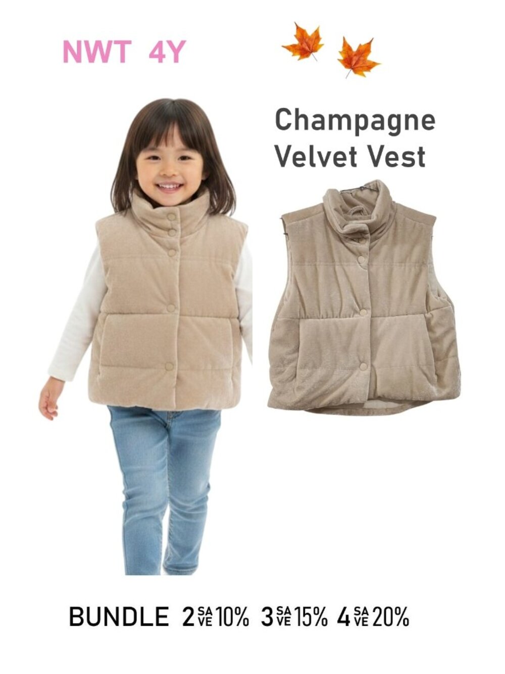 VIGNETTE - Champagne Velvet Vest Light Weight Easy Layering - Size 4Y